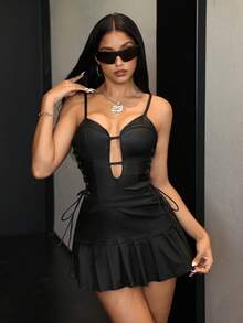 Jeanoix Y2K 时尚性感派对风镂空吊带蝴蝶结褶皱连衣裙 - 黑色 - 查看 4