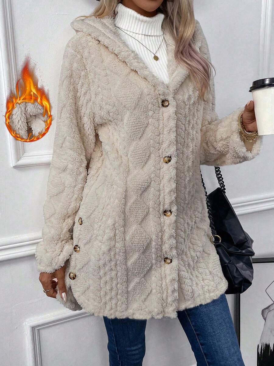 SHEIN LUNE 女士休闲常规款连帽长袖单排扣毛绒外套，秋冬款 - 米色 - 查看 1