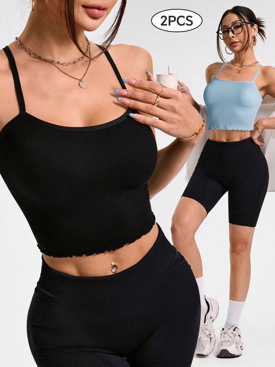 SHEIN Sovereign Charm 2pcs/Set Solid Color Seamless Elastic Fitted Yoga Sports Camisole Ribbed Workout Set Two Piece Athletic Set - Multicolor - View 1
