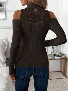 SHEIN Clasi Suéter de mujer de invierno con diseño de manga calada y elegante parche de encaje para fiestas, trabajo y salir - Café integral - Ver 2