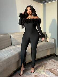 NU&NOW 大码女式毛茸茸装饰长袖连体裤，浪漫约会夜派对俱乐部服装，设计感十足 - 黑色 - 查看 4