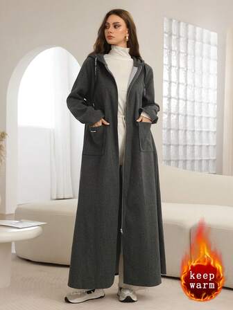 Mulvari Grey Hooded Drop Shoulder Zip-Up Long Cardigan, Autumn/Winter Abayas