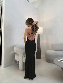 Jemour Elegant Solid Color Sexy Halter Backless Sleeveless Cocktail Party Beach Dress Summer Dresses For Women,Bohemia - Black - View 2