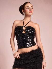 ROMWE EDITION Y2K 性感俱乐部装闪亮亮片挂脖修身女式上衣 - 彩色 - 查看 3