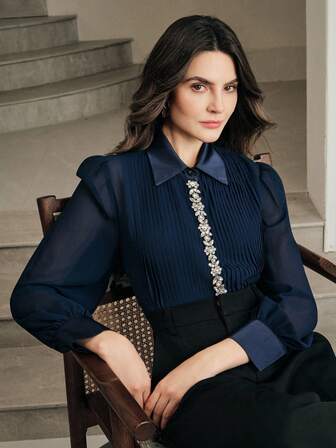 Anewsta Women's Collared Long Sleeve Shirt With Large Lapel Design, Semi-Sheer Rhinestone Chain Decor, Suitable For Fall, Winter, Spring, New Year, Party, Wedding, Chic, Stylish, Formal, Work, Thanksgiving, Graduation, Christmas