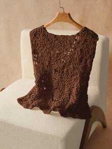 Elaquor 大码休闲纯色镂空针织背心 - 棕色 - 查看 4