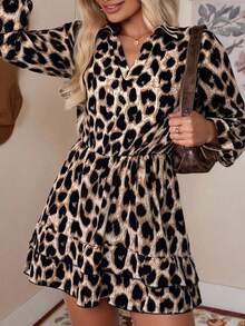 LanaWest Leopard Print Ruffle Hem Long Sleeve Dress - Coffee - View 2