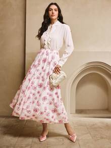Penseblé Women's Blush Pink Printed Skirt,Elegant Autumn Skirt,Suitable For Tea Party,Dates,Beach,Music Festivals,Back To School,Parties,Halloween - Pink - View 5