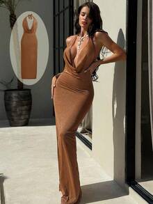 Swim SXY Áo choàng hở lưng gợi cảm cổ chữ V sâu mới cho nữ - màu nâu - Xem 4