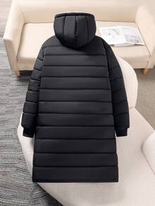 少女绗缝加厚长款宽松连帽外套，适合日常通勤和聚会，冬季穿着 - 黑與白 - 查看 2