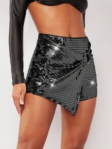 Hauture Metallic O-Ring Wrap Hem Mini Skort - Black - View 7