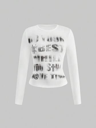 Grunge Punk Maglietta aderente a maniche lunghe con stampa vintage Y2K Millennium e borchie, stile Kpop per donne