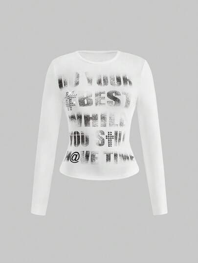 Grunge Punk Women's Kpop Y2K Millennium Vintage Slong Print Studded Long Sleeve Bodycon T-Shirt