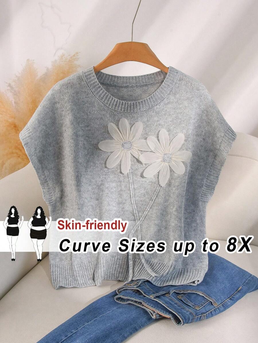 SHEIN CURVE+ Duży sweter z cekinową kokardą i świątecznym wzorem - Szary - Zobacz 1