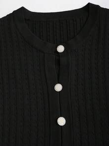 GlowEve 初秋法式优雅风藏青色镂空复古荷叶边下摆优雅长袖短款针织连衣裙 - 黑色 - 查看 3