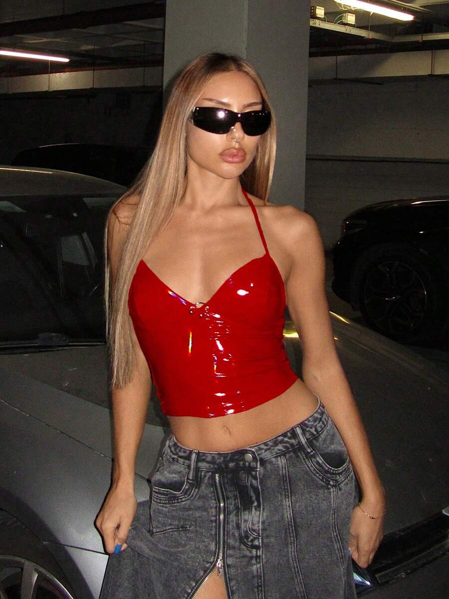 EgrlEra Women's Sexy PU Leather Camisole Top With Metallic Buckle And Halter Neck Y2K Christmas Holiday Party Top - Red - View 1