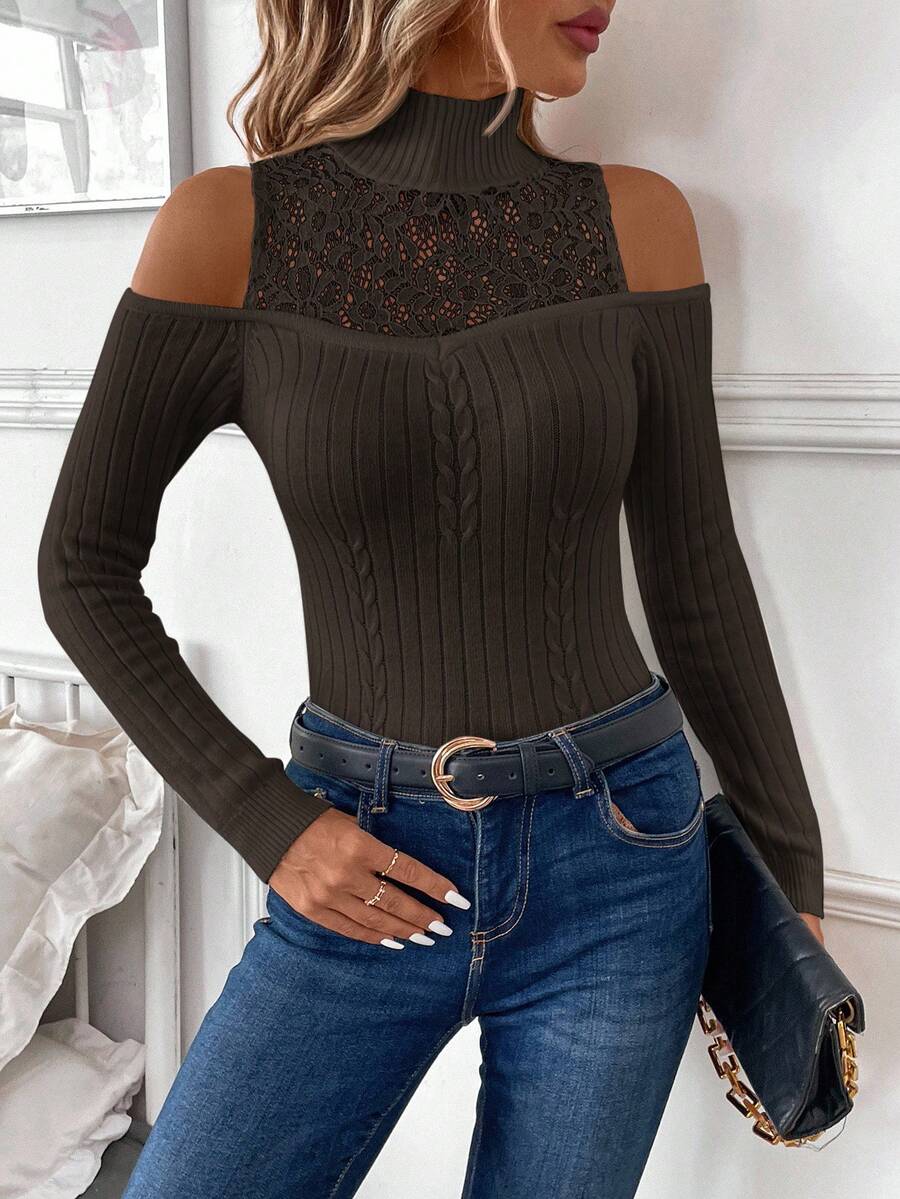 SHEIN Clasi Suéter de mujer de invierno con diseño de manga calada y elegante parche de encaje para fiestas, trabajo y salir - Café integral - Ver 1