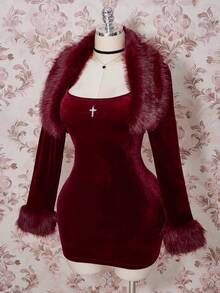 SHEIN ICON Áo khoác nhung cổ lông giả cỡ lớn, Bộ 2 món: Đầm nhung Giáng sinh Bộ 2 món Trang phục hẹn hò gợi cảm Đầm Giáng sinh màu đỏ thanh lịch Đầm dự tiệc thanh lịch cho Giáng sinh và năm mới - Màu Đỏ Sâu - Xem 3