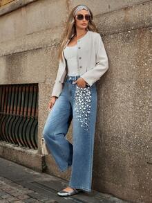 Selenza 女士口袋仿珍珠装饰阔腿宽松优雅牛仔裤 - 藍色 - 查看 6