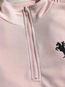 SHEIN Bộ 2 món trang phục thường ngày cho bé gái, áo nỉ cổ bẻ tay dài có khóa kéo kiểu Polo dáng rộng thoải mái và quần ống rộng, bộ đồ thể thao mặc hàng ngày và tập luyện - Hồng - Xem 5