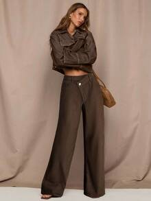 SHEIN BAE Quần jean ống rộng dáng rộng, túi eo bất đối xứng dành cho nữ - màu nâu - Xem 5