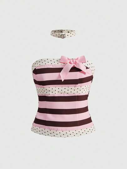 Kawaii Women's Elegant Colorblock Striped Polka Dot Print Bow Decor Tube Top, Summer