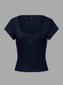 Vionelle 大码女式甜美蕾丝边短袖 T 恤，修身款三扣休闲粉色 T 恤上衣夏季女式上衣方领上衣纽扣上衣蕾丝边上衣 - 寶藍色 - 查看 5