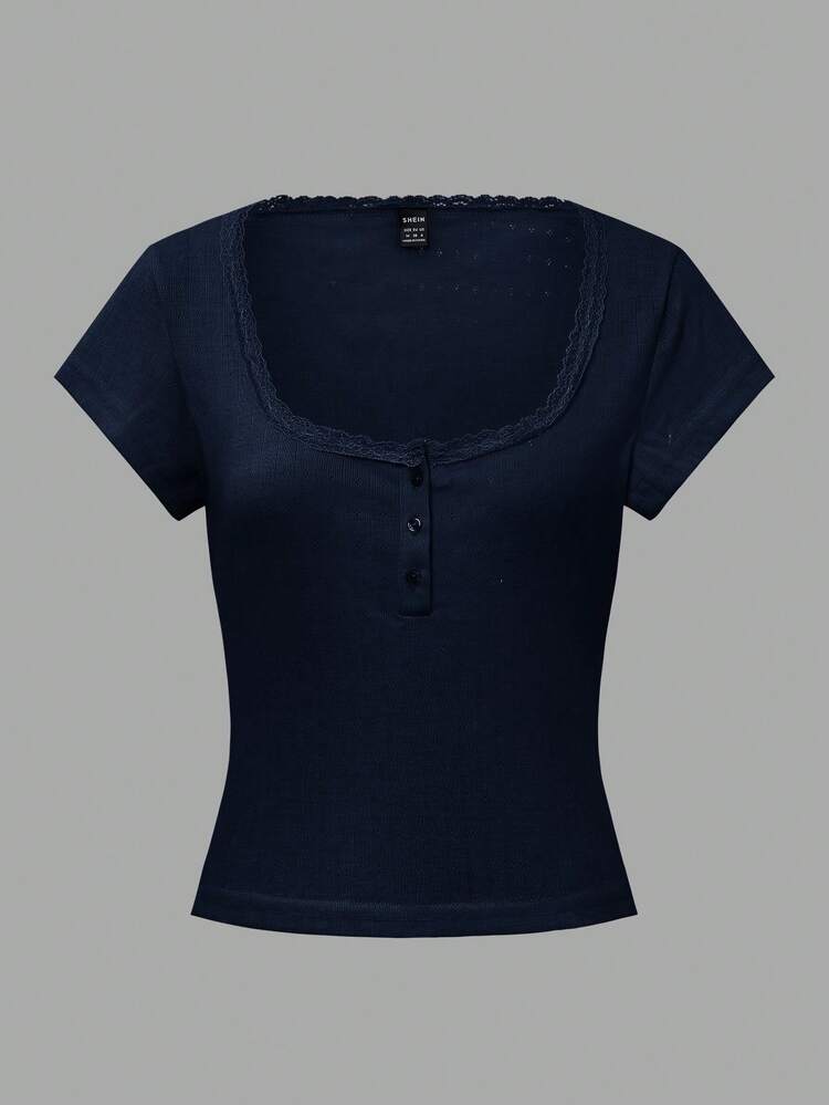 Vionelle Plus Size Women's Sweet Lace Trim Short Sleeve T-Shirt, Slim Fit 3-Button Casual Pink Tee Tops Summer Women Tops Square Neck Tops Button Down Tops Lace Trim Tops - Royal Blue - View 5