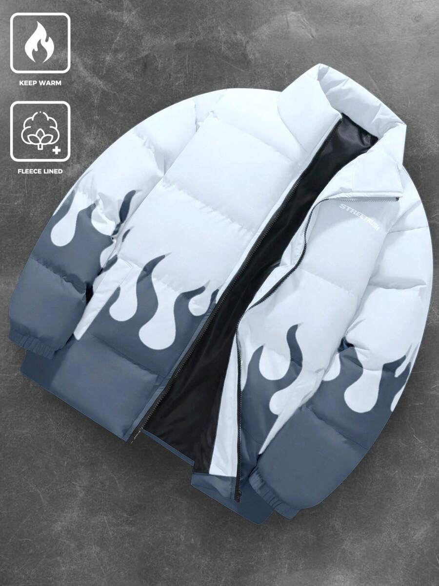 PAVTROS Men Winter Long Sleeve Coats,Manfinity Streetrush Men's Street Flame Pattern Winter Coats, Gift For Boyfriend,Blue Winter Coats - Multicolor - View 1