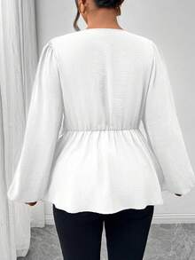 Firerie Plus Size Green Casual Simple Twist Front A-Line Long Sleeve Shirt, Spring Fall - White - View 3