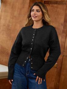 Elaquor Áo khoác cardigan thắt eo cài nút phía trước cỡ lớn thường ngày - màu đen - Xem 6
