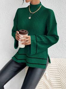 SHEIN LUNE Women's Casual Everyday Commute High Neck Flare Sleeve Contrast Striped Pattern Dropped Shoulder Loose Pullover Sweater, Autumn/Winter - Dark Green - View 3