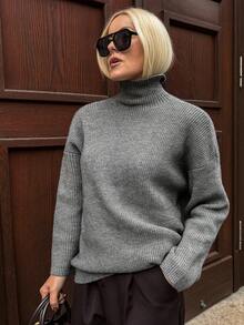 Vivie Lora Women's Gray Loose Fit Turtleneck Long Sleeve Sweater - Grey - View 4