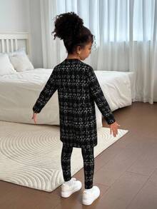 SHEIN 3pcs/Set Young Girl Tween Girl Frenchy Allover Print Long Sleeve Jacket And Cami Top & Drawstring Pants Elegant Outfit,Elagant,Fashion.,Autumn Winter ,School Daily Wear,Back To School Season.Cute Elagant,Fashionable ,Autumn Winter. Girls Blazer Set, Kids Blazers Suit Girls, Little Girls Business Suit - Black - View 2