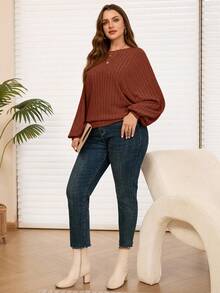EMERY ROSE Sudadera casual de punto acanalado con cuello redondo y mangas farol para mujer de talla grande - Naranja - Ver 5