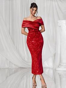 Coutiva 优雅的露肩露背果绿色缎面拼接提花亮片下摆直筒裙后开衩派对连衣裙，适合生日派对、日常聚会、舞会礼服、鸡尾酒会、毕业典礼、学校开幕派对等场合。 - 紅色 - 查看 3