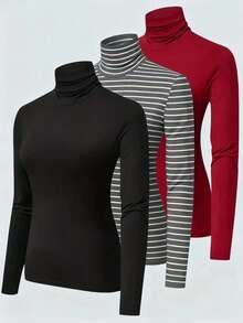INAWLY Plus Size Solid Color & Striped Print Turtleneck Fitted Long Sleeve T-Shirt - Multicolor - View 1