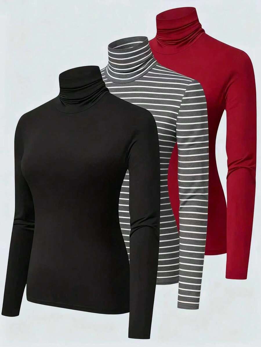 INAWLY Plus Size Solid Color & Striped Print Turtleneck Fitted Long Sleeve T-Shirt - Multicolor - View 1