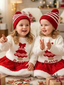 SHEIN Áo len dài tay cổ tròn màu trắng kem Happikins dành cho bé gái, họa tiết cây thông Noel dễ thương với nơ, kiểu dáng tối giản, ấm áp, mềm mại, rộng rãi, thích hợp cho Giáng sinh, Năm mới, mặc hàng ngày, các dịp lễ hội, không khí Giáng sinh, quà tặng Giáng sinh, mùa thu và mùa đông, mang lại sự thoải mái dễ chịu, có thể mặc nhiều lớp vào mùa thu và mùa đông, rất thời trang. - trắng - Xem 6