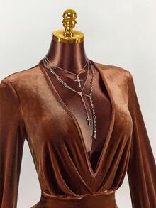 Amplova Women's Coffee Brown Velvet Deep V-Neck Ruched Long Sleeve Mini Dress,Autumn 70s Party Y2K Solid Color Elegant Thanksgiving New Year - Camel - View 5