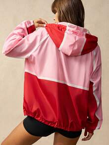 VARSIVA Contrast Color Drawstring Zipper Front Hooded Loose Casual Women Outdoor Jackets - Multicolor - View 2