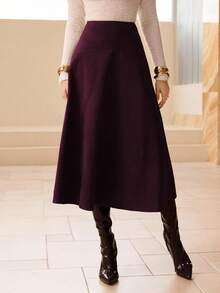 Modelyn Váy dài xòe thanh lịch bằng da lộn giả màu trơn dành cho nữ - Màu Đỏ Sâu - Xem 2