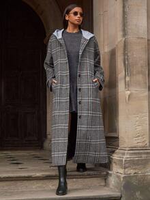 Athîral 女式格纹落肩长款连帽纽扣前开襟长款风衣 - 彩色 - 查看 4