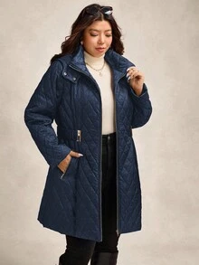 Zelara Quilted Padded Coat With Metal Belt, Plus Size Hooded Coat In Fall/Winter - Navy Blue - View 7