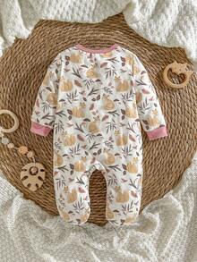 Loomiva 新生女婴花卉和松鼠印花柔软针织撞色圆领长袖连体衣（含裤子）