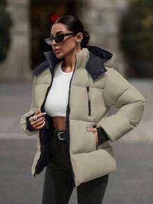 EURMUSE Hooded Zipper Detailed Contrast Rib Cuff Quilted Women's Casual Puffer Down Jacket - Mocha Brown - View 1
