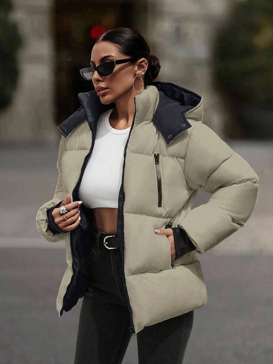 EURMUSE Hooded Zipper Detailed Contrast Rib Cuff Quilted Women's Casual Puffer Down Jacket - Mocha Brown - View 1