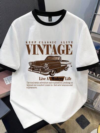 Manfinity Joysei 标准尺码男士标语汽车图案圆领短袖休闲T恤