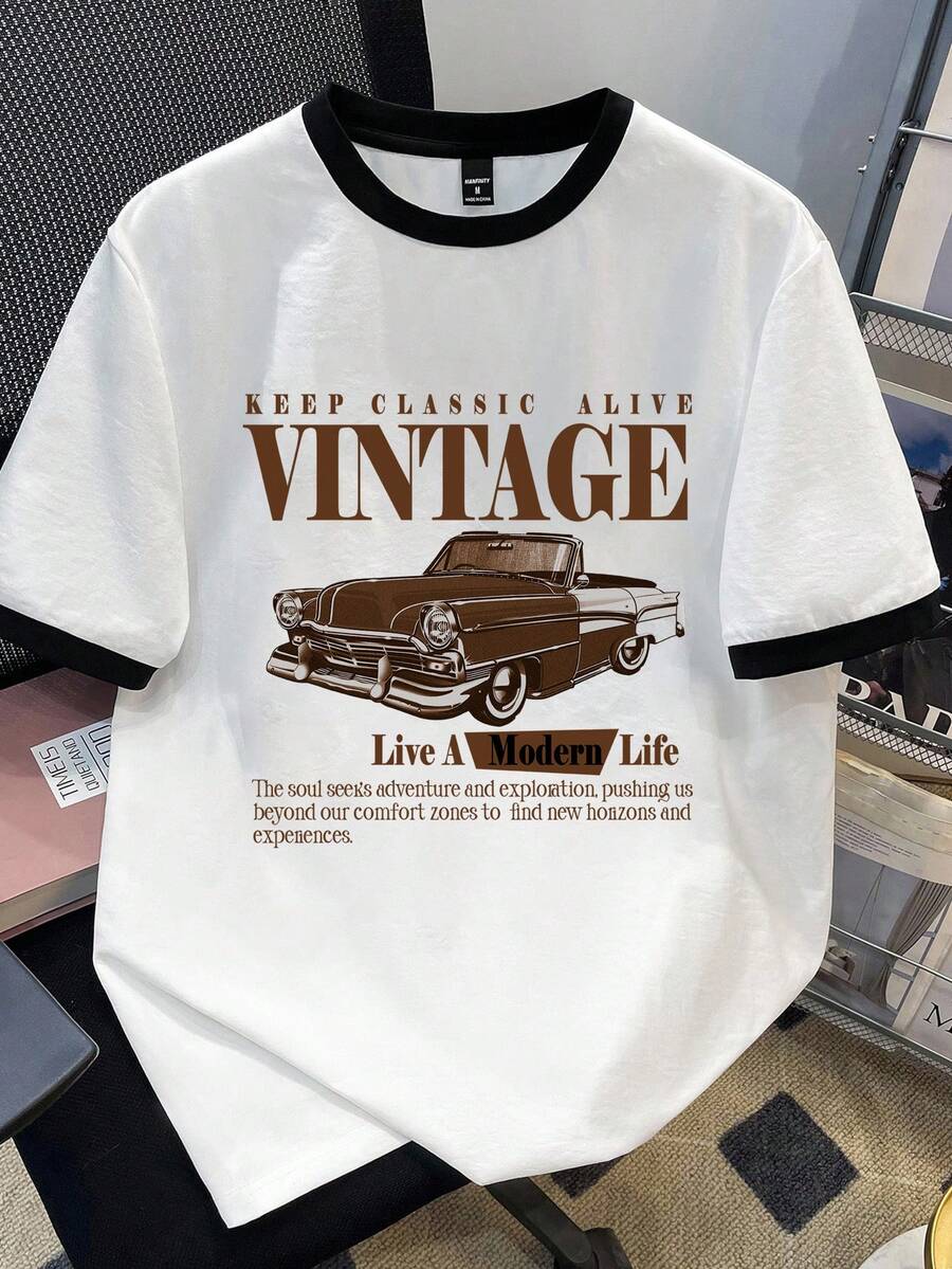 Manfinity Joysei 标准尺码男士标语汽车图案圆领短袖休闲T恤 - 黑與白 - 查看 1