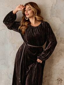 Roveilla 大码女式天鹅绒褶皱纹理连衣裙，宽松圆领，腰间系带皮带，金属圆扣装饰，长袖，纯色，优雅通勤街头风，适合冬季、感恩节、派对等场合 - 巧克力棕 - 查看 3
